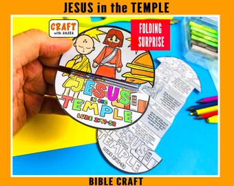May include: A circular paper craft titled Jesus in the Temple Luke 2:41-52 featuring a colorful illustration of Jesus and a temple. The craft includes a folding surprise mechanism with black and white text and imagery for coloring activities.