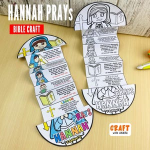 Può includere: Due progetti di artigianato biblico su carta con l'etichetta "Hannah Prega" con illustrazioni e testo. Uno è colorato, l'altro è un contorno in bianco e nero. Il testo include "Bible Craft" e "Lezione" con una croce e un libro.