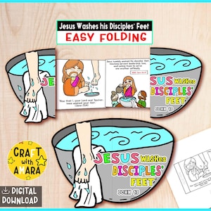 Peut inclure: Un projet d'artisanat illustré et coloré intitulé "Jésus lave les pieds de ses disciples". La conception présente une représentation de dessin animé de Jésus lavant les pieds, avec le texte "Easy Folding" et "Digital Download".