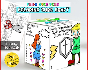 May include: A white coloring cube craft with the text "Faith Over Fear" and "Coloring Cube Craft". The cube features illustrations and Bible verses. Includes a digital download option.