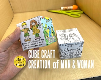 May include: Two illustrated cube crafts with text. One cube depicts Adam and Eve, the other shows God forming Adam. The text reads "CUBE CRAFT CREATION of MAN & WOMAN".
