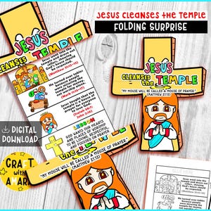 May include: A colorful, illustrated craft project titled "Jesus Cleanses the Temple." The design features a cross-shaped folding surprise with cartoon depictions of Jesus and Bible verses. The words "Digital Download" are also visible.