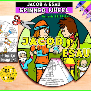 Jacob and Esau Spinner Coloring Wheel, Bible Activity, Kid Bible Lesson Study, Sunday School Craft, Bible Story, Memory Games, Christian