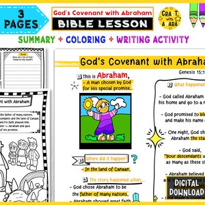 May include: A Bible lesson page with the title "God's Covenant with Abraham." The page includes a summary, coloring, and writing activity. The image features colorful illustrations and text boxes with information about Abraham.