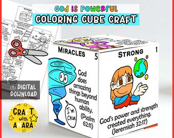 God is Powerful Coloring Cube Craft: Christian Faith, Bible Lesson Study Sunday School Church Activity, Memory Game Christian Bible Verse