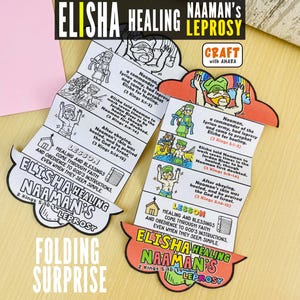 Może przedstawiać: Papierowa wycinanka zatytułowana Elisha Healing Naaman's Leprosy, składająca się z rozkładanego harmonijkowego wzoru z czarno-białymi ilustracjami liniowymi i tekstem opisującym biblijną historię z 2 Księgi Królewskiej 5, w tym kolorową wersję.