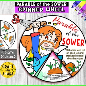 Pode incluir: Uma roda giratória colorida com o texto "Parable of the Sower" e ilustrações de sementes e plantas. A roda inclui o texto "DIGITAL DOWNLOAD" e "CRAFT with AMARA". A imagem também inclui o texto "Still other seed fell on good soil and produced a crop." (Mateus 13:8).