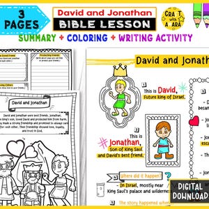 May include: A digital download Bible lesson titled "David and Jonathan" with summary, coloring, and writing activities. The image features illustrations of David and Jonathan, along with text boxes for notes and a "Digital Download" label.