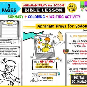 May include: A colorful Bible lesson printable titled "Abraham Prays for Sodom." The design includes text, illustrations, and the words "Summary + Coloring + Writing Activity." The image features a cartoon of Abraham.