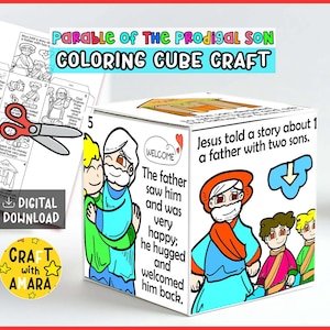 May include: A colouring cube craft illustrating the Parable of the Prodigal Son. The cube shows colourful images of characters and text, with the words "WELCOME" and "DIGITAL DOWNLOAD" visible. The craft includes a sheet with instructions and a pair of scissors.