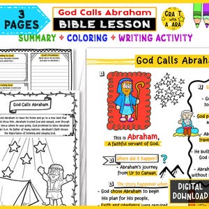 May include: A colorful Bible lesson worksheet titled "God Calls Abraham" with summary, coloring, and writing activities. The image includes illustrations of Abraham, stars, and text boxes with questions and answers. The words "Digital Download" are also visible.