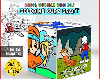 May include: A colorful coloring cube craft with illustrations and text from the story of Jacob wrestling with God. The cube features images of Jacob and the text "Jacob knew God was with him always."