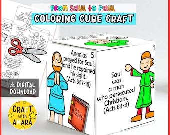 May include: A paper cube craft titled From Saul to Paul Colouring Cube Craft featuring black and white illustrations of biblical scenes with text. The cube shows a figure in a green tunic and a figure in a blue tunic with a Bible. Includes a digital download.