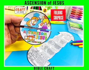 May include: A circular paper craft titled Ascension of Jesus New Testament featuring a colorful illustration of a figure ascending toward a sun. The craft unfolds into a long accordion-style strip with black and white line art and text.