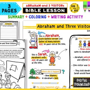 May include: A colorful Bible lesson printable titled "Abraham and Three Visitors." The lesson includes a summary, coloring pages, and writing activities. The image features illustrations of Abraham, Sarah, and visitors, with text describing the story.