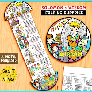 May include: A colorful, illustrated craft project titled "Solomon's Wisdom Folding Surprise." The design features a circular element and a long, folded strip with Bible story illustrations and text. The words "Digital Download" and "Craft with Amara" are also visible.