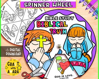 以下が含まれることがあります： 「Biblical Truth」と「Spinner Wheel」のテキストが入った、カラフルな聖書研究スピナーホイール。子供たちの漫画イラスト、ハート、そして「God is Love」のテキストが含まれています。デジタルダウンロードオプションが含まれています。
