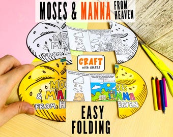 May include: A paper craft activity titled Moses & Manna From Heaven featuring two circular bread-shaped cutouts, one black and white and one yellow, with a central folding booklet containing illustrations and text about the biblical story.