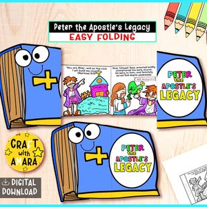 May include: A digital download featuring a children's craft project titled "Peter the Apostle's Legacy." The design includes a blue book with a cross, cartoon illustrations, and the text "Easy Folding."