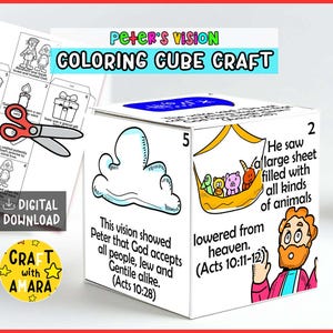 Peter&#39;s Vision Coloring Cube Craft, Memory Games, Bible Craft for Kids, Bible Study Lesson, Sunday School Activity, New Testament Jesus