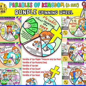 May include: A digital bundle of six spinning wheel crafts titled Parables of Kingdom. Each wheel features colorful illustrations and text related to biblical parables, including the Yeast, Wheat and Tares, Hidden Treasure, Mustard Seed, Net, and Sower.