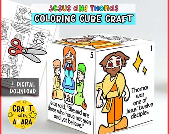 May include: A paper cube craft featuring illustrations of Jesus and Thomas with text including "Jesus and Thomas Coloring Cube Craft" and "Thomas was one of Jesus' twelve disciples." The cube shows numbered sides and religious scenes.