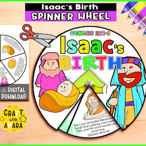 Isaac’s Birth Spinner Coloring Wheel, Bible Activity, Kids Bible Lesson Study, Sunday School Craft, Bible Story, Memory Games, God Craft