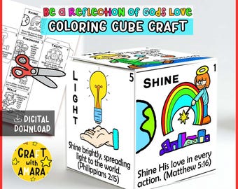 May include: A white coloring cube craft with illustrations and text. The cube features a rainbow, lightbulb, and earth graphic. Text includes "Be a Reflection of Gods Love" and "COLORING CUBE CRAFT". The cube is a digital download.