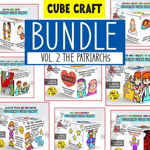 Peut inclure: Un ensemble numérique de projets de coloriage Cube Craft sur le thème des Patriarches. Chaque cube présente des scènes illustrées avec du texte, racontant les histoires de Jacob, Joseph, Abraham et Sarah. Les graphismes sont colorés et animés.