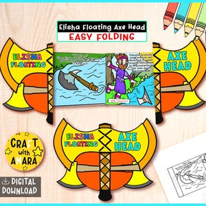 Op de afbeelding: Een kleurrijk, geïllustreerd knutselproject getiteld "Elisha Floating Axe Head" met de tekst "Easy Folding". Het ontwerp bevat een cartoon van een persoon en een bijl. De woorden "Craft with Amara" en "Digital Download" zijn ook zichtbaar.