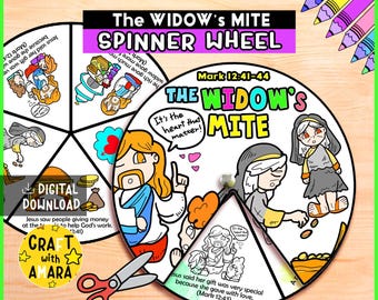 May include: A vibrant craft project depicting a spinner wheel with illustrations and text about "The Widow's Mite" from Mark 12:41-44. Includes the text "DIGITAL DOWNLOAD" and "CRAFT with AMARA". Scissors and coloured pencils are also visible.
