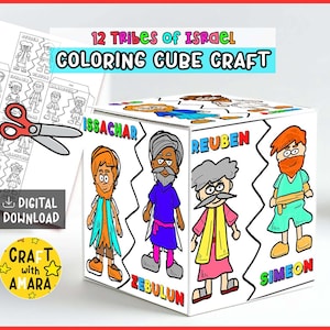 Puede incluir: Un cubo artesanal blanco con ilustraciones de las 12 tribus de Israel, con figuras de dibujos animados y el texto "COLORING CUBE CRAFT". Incluye una opción de descarga digital y un logotipo de "Craft with Amara".