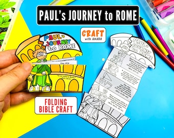 May include: A paper craft titled Paul's Journey to Rome featuring a colored version with a cartoon figure in green robes and a black and white version that unfolds to reveal illustrated scenes and text describing the biblical narrative.