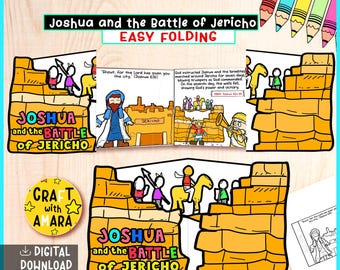 以下が含まれることがあります： 「ヨシュアとエリコの戦い」と題された、カラフルなイラスト付きクラフトプロジェクト。街の壁、人物、テキストの画像を使用したポップアップスタイルです。「Easy Folding」と「Digital Download」の文字も表示されています。