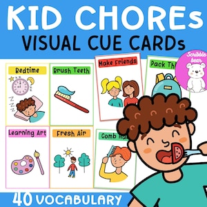 40 Cartões de dicas visuais para tarefas infantis, cartões de cronograma de rotina diária, vocabulário Montessori, recurso para impressão, atividade para educação domiciliar para crianças pequenas