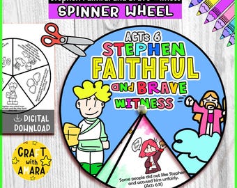 Stephen Faithful and Brave Witness Spinner Coloring Wheel Bible Craft: Sunday School Church Activity Kids, Memory Game, Christian Homeschool