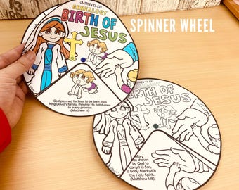 Genealogy and Birth of Jesus Spinner Coloring Wheel Bible Craft: Children Ministry Activity Lesson, Sunday School, Memory Game, Christian