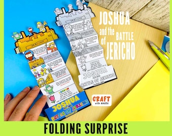 Puede incluir: Un proyecto de manualidades colorido que presenta la historia de Josué y la Batalla de Jericó. El diseño de papel plegado incluye ilustraciones y texto, con las palabras "Josué y la Batalla de Jericó" en un lugar destacado. La manualidad está sobre una superficie de madera con un fondo azul.