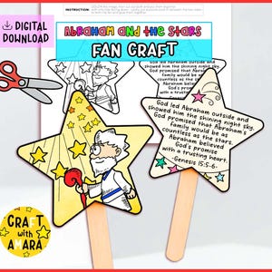 May include: A craft kit featuring a star-shaped fan with an illustration of Abraham and the stars. The kit includes a pair of scissors and the text "Abraham and the Stars FAN CRAFT" and "DIGITAL DOWNLOAD". The fan has a wooden stick.