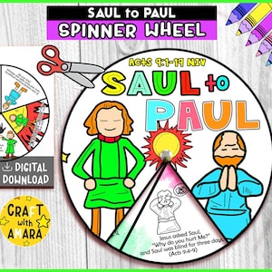 From Saul to Paul Spinner Coloring Wheel, Bible Activity, Kids Bible Lesson, Sunday School, Bible Story, Memory Game, Christian Homeschool