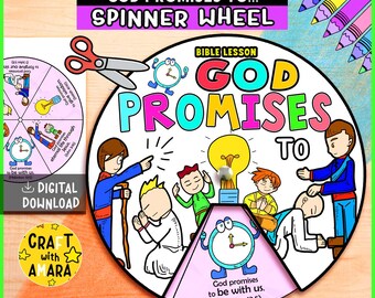 God Promises Spinner Coloring Wheel, Bible Activity, Kids Bible Lesson Study, Sunday School Craft, Bible Story, Memory Games, Christian