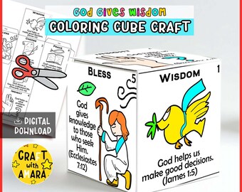 May include: A white cube craft with the text "God Gives Wisdom Coloring Cube Craft." The cube features illustrations and text, including "Bless," "Wisdom," and Bible verses. A pair of scissors and a "Digital Download" label are also visible.