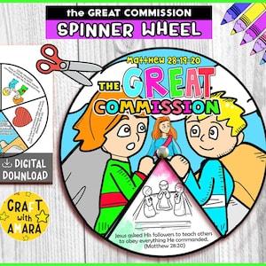 The Great Commission Spinner Coloring Wheel, Bible Activity, Kids Bible Lesson Craft, Sunday School, Memory Games, Bible Verse, Gospel Jesus