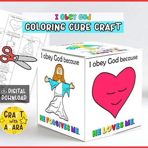 Könnte beinhalten: Ein weißer Würfelbastelartikel mit dem Text "I obey God" und "Coloring Cube Craft". Der Würfel zeigt Illustrationen eines Herzens, Jesu und anderer religiöser Symbole. Enthält einen digitalen Download.