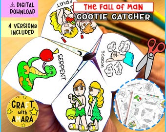 Può includere: Un acchiappa-cuore fatto a mano con illustrazioni della Caduta dell'Uomo, tra cui un serpente, frutta e Adamo ed Eva. Il testo include "Download digitale" e "Facile artigianato per l'apprendimento biblico."