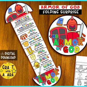 Könnte beinhalten: Ein farbenfrohes Papierbastelprojekt zum Thema "Rüstung Gottes". Das Design umfasst einen Helm, einen Schild und ein Schwert, mit Text, der die Elemente des Glaubens beschreibt. Die Wörter "Digitaler Download" und "Craft with Amara" sind ebenfalls sichtbar.