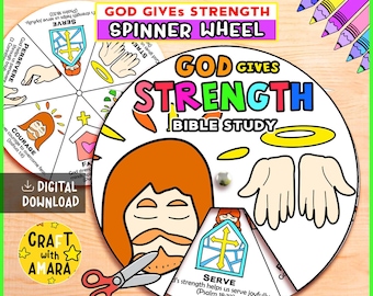 God Gives Strength Spinner Coloring Wheel Craft: Christian Faith, Bible Lesson Study Guide Sunday School, Church Activity Kids, Memory Game
