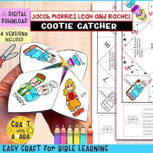 Puede incluir: Un atrapa-cora zones de papel colorido con el texto "Jacob Marries Leah and Rachel" e ilustraciones de figuras bíblicas. El atrapa-cora zones se sostiene en una mano e incluye el texto "Easy Craft for Bible Learning."