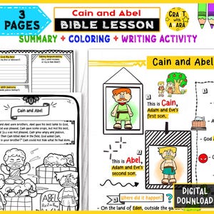 May include: A digital download of a Bible lesson about Cain and Abel. The lesson includes a summary, coloring pages, and a writing activity. The pages feature cartoon illustrations of Cain and Abel, with text boxes and prompts.