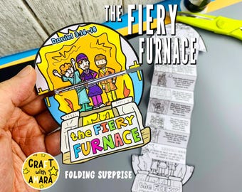 May include: A colorful, illustrated craft project titled "The Fiery Furnace" with the text "Daniel 3:16-18." The image shows a circular cut-out with cartoon figures and flames, and a folding surprise element with sequential illustrations. The project is labeled "Craft with Amara."